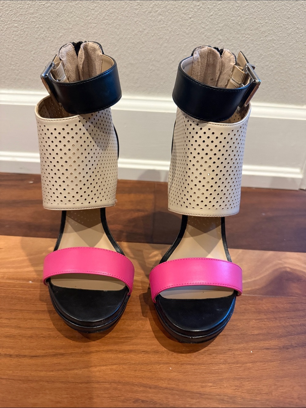 Juicy couture Tan Pink Black Atarah Ice Perforated Ankle Cuff heels